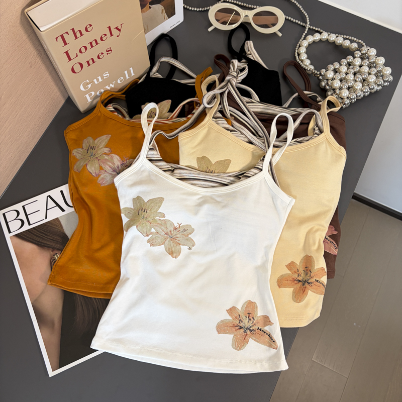2026 Autumn Cotton Blend Halter Printed Tie-Front Layered Cami Top for Women Slim Fit with Chest Pads