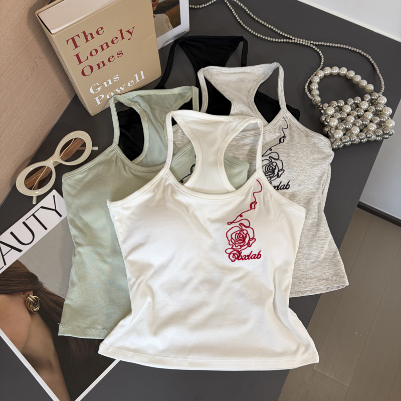 2026 Autumn Cotton Embroidered Flower Camisole with Bra Pads Slim Fit Women's Top