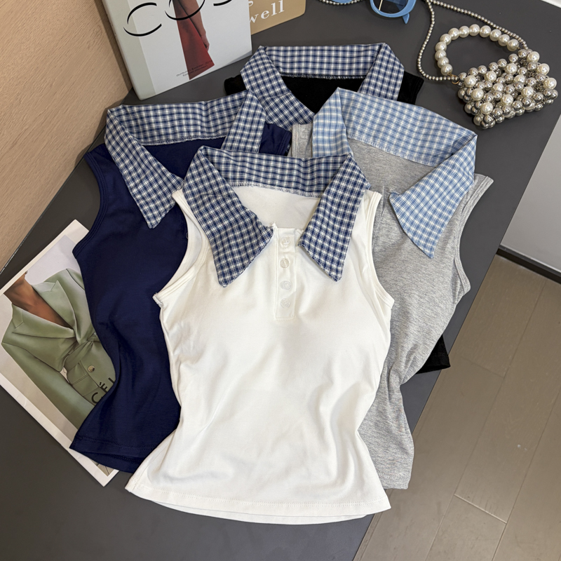 2026 Autumn Preppy Plaid Polo Neck Sleeveless Vest with Chest Pads Slimming Top