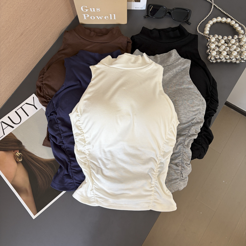 2026 Autumn Slim Sleeveless Half Turtleneck Women Short Cami Tank Top with Chest Pads