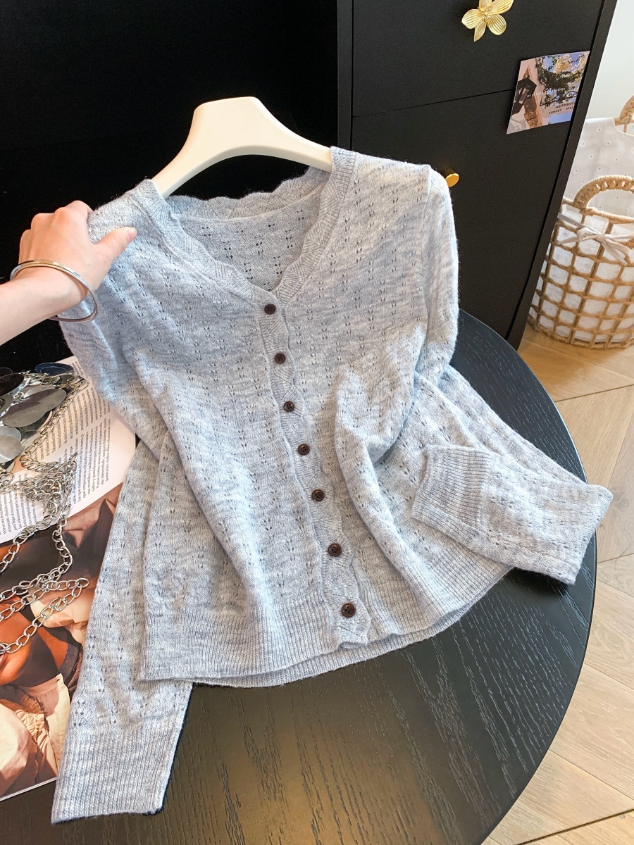 Autumn Korean Style Loose V-Neck Long Sleeve Knit Cardigan Women Casual Hollow Out Sweater