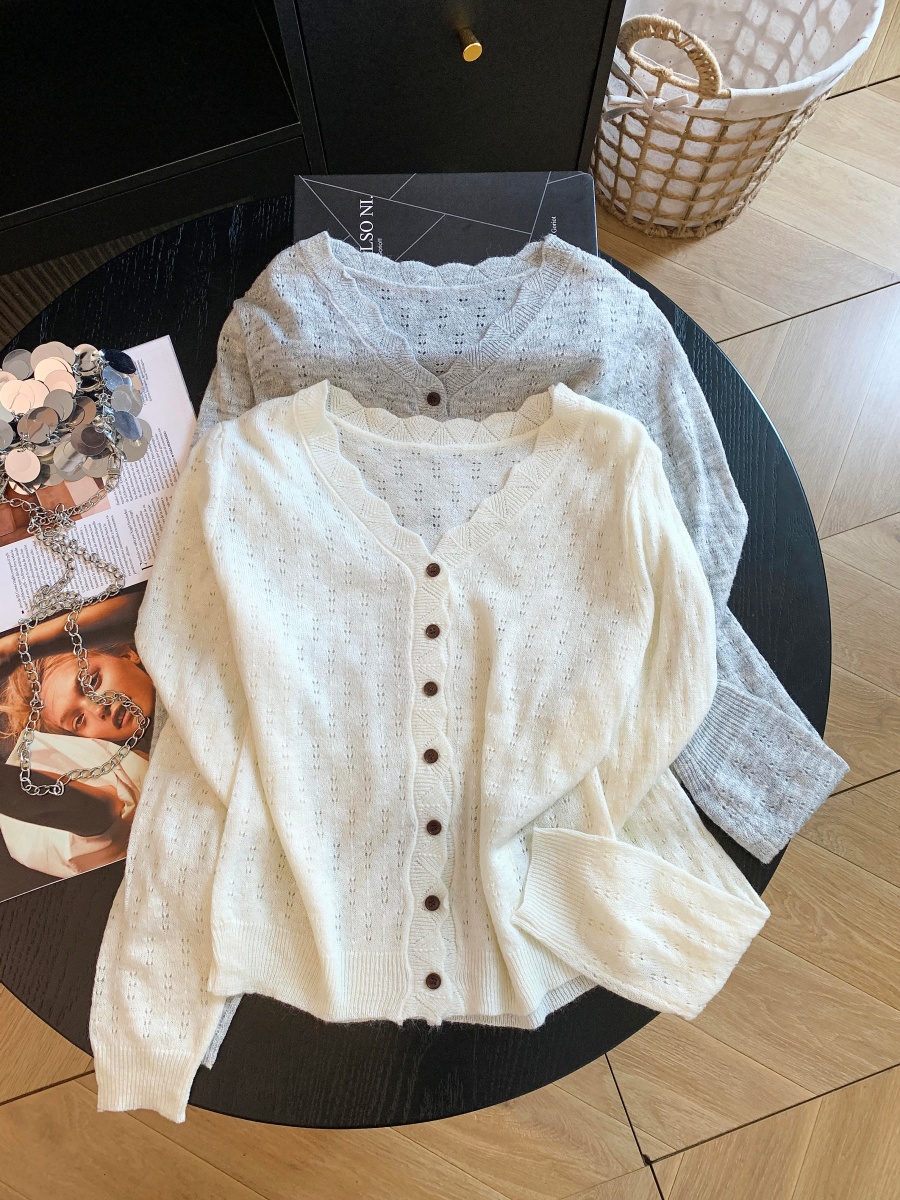 Autumn Korean Style Loose V-Neck Long Sleeve Knit Cardigan Women Casual Hollow Out Sweater - Image 3