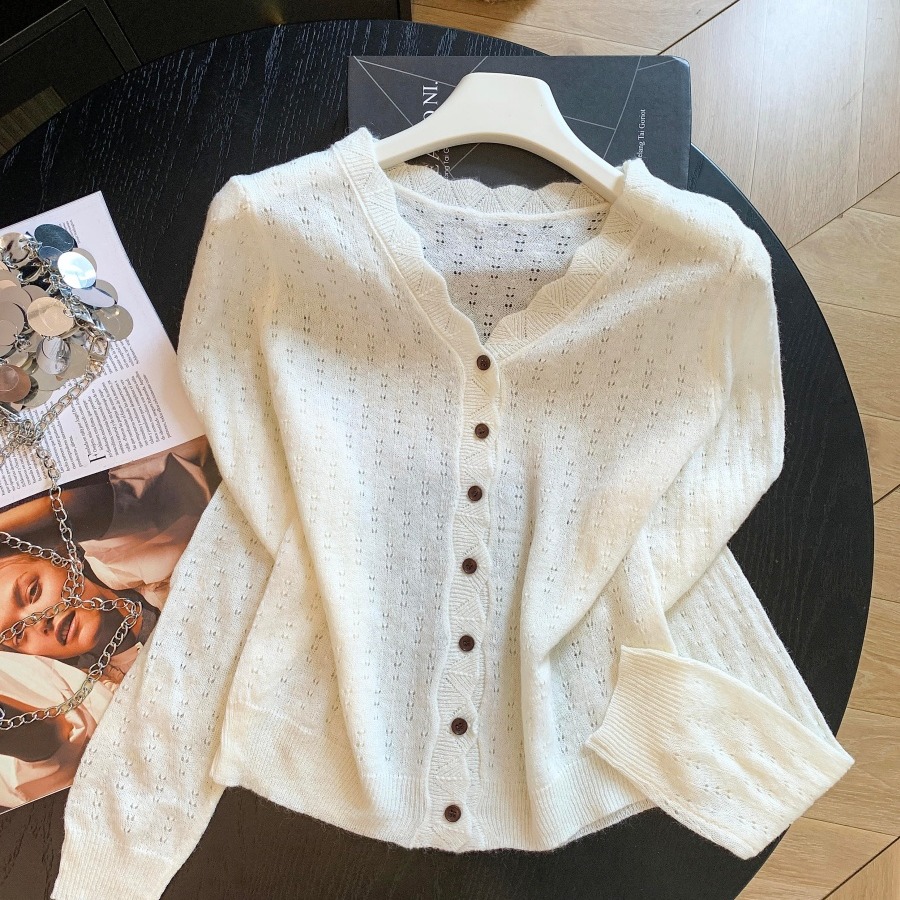 Autumn Korean Style Loose V-Neck Long Sleeve Knit Cardigan Women Casual Hollow Out Sweater - Image 5