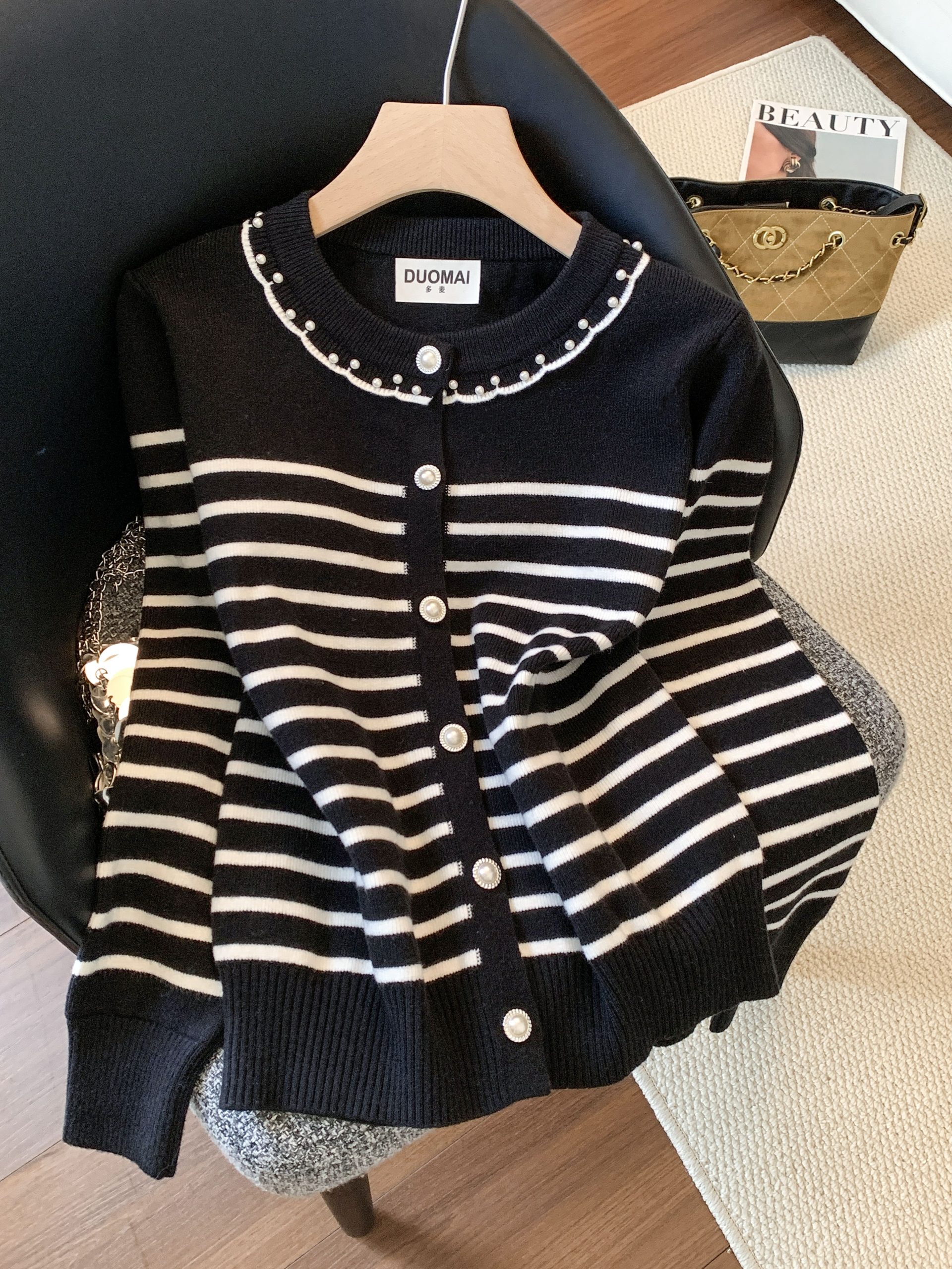 Black and White Striped Knit Cardigan with Pearl Round Neck Short Women's Sweater Jacket