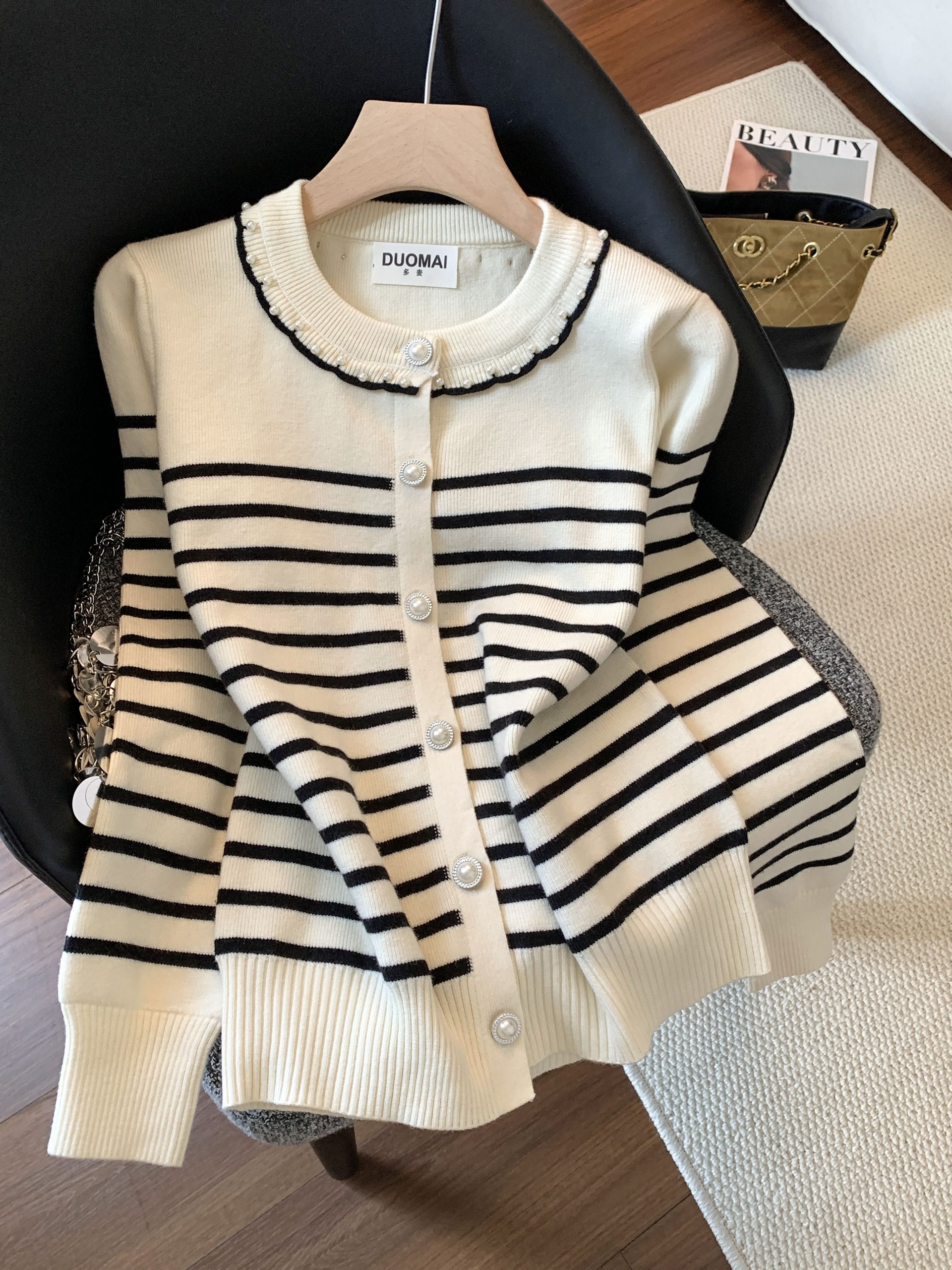 Little Chanel Style Black and White Striped Knit Cardigan Pearl Round Neck Short Soft Sweater Coat Women
