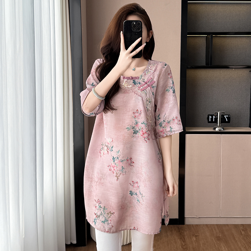 Cotton Linen Print Loose Slimming Midi Plus Size Women Dress Half Sleeve