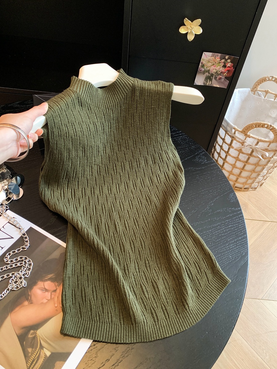 Early Autumn Mock Neck Textured Sleeveless Knit Tank Top for Women Slimming Versatile Stretch Off-Shoulder