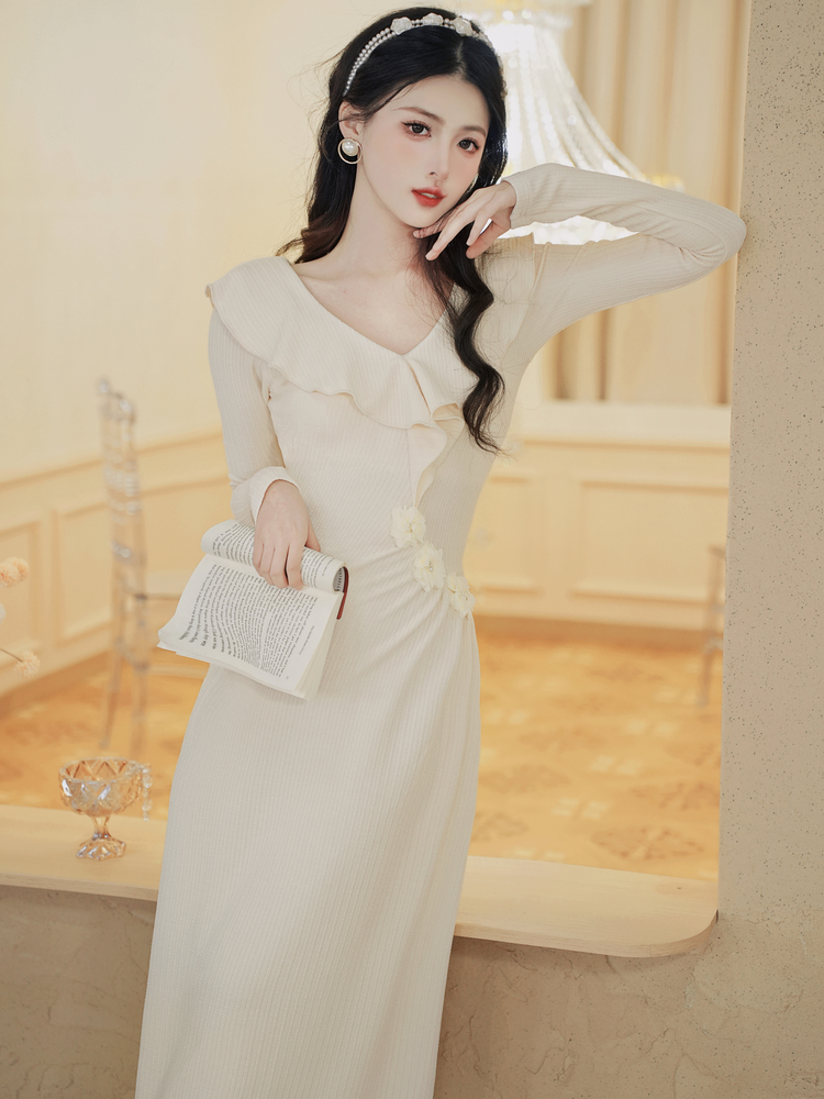 French Retro V-Neck Knit Long Dress