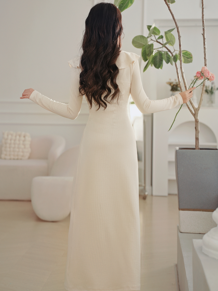 French Retro V-Neck Knit Long Dress - Image 4