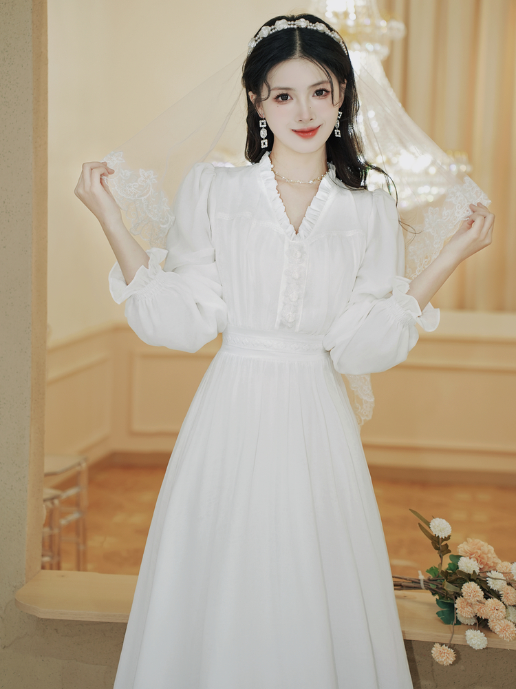 French Style Long Sleeve Chiffon A-Line Dress with Veil