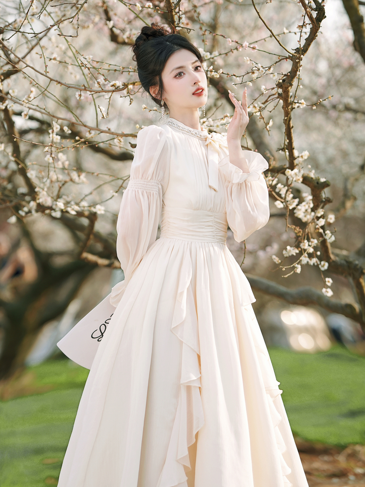 Gentle Style Bow Round Neck Cinched Waist Chiffon Ruffle Fairy Dress - Style 8178f7