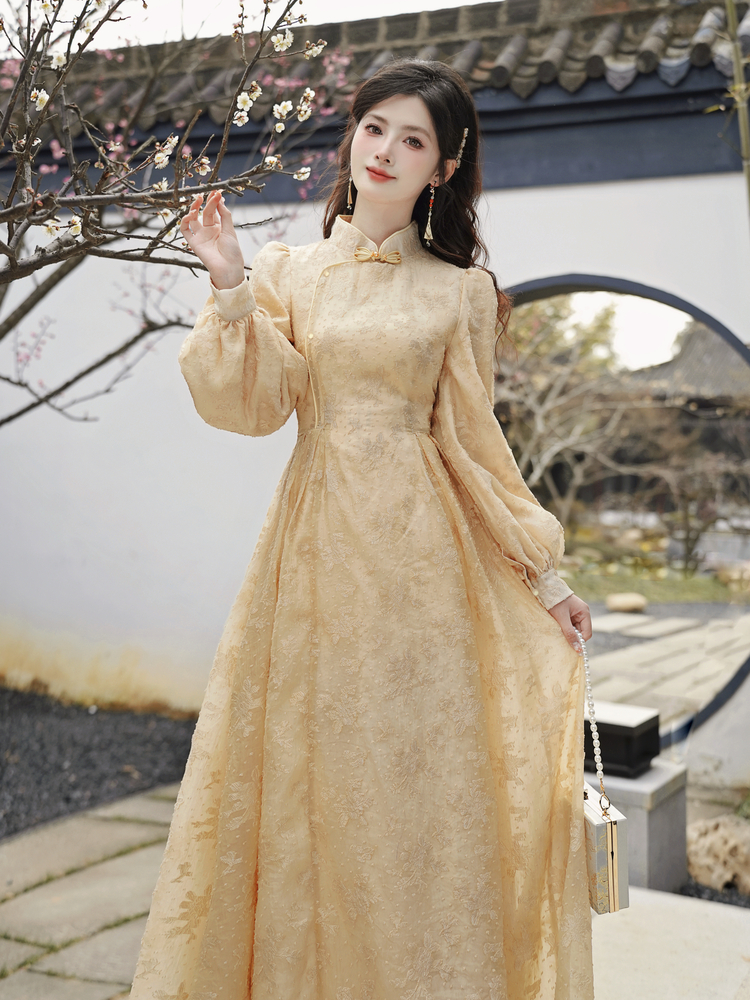 New Chinese Style A-Line Long Dress with Stand Collar and Long Sleeves - Style cab495