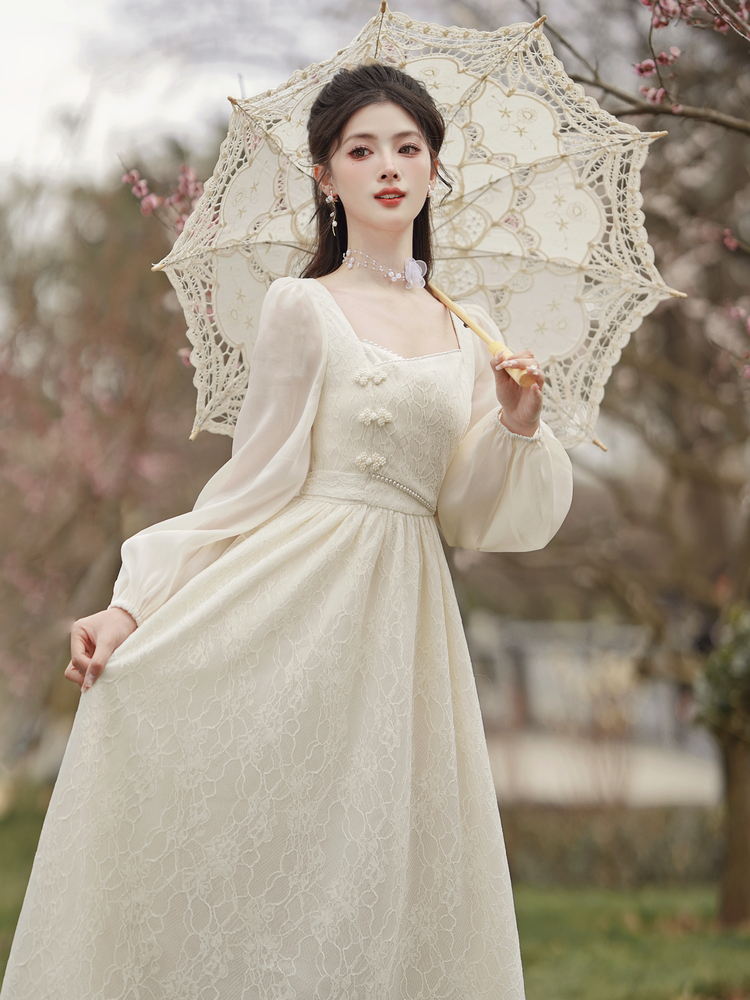 New Chinese Style Lace Embroidered Square Neck Long Dress