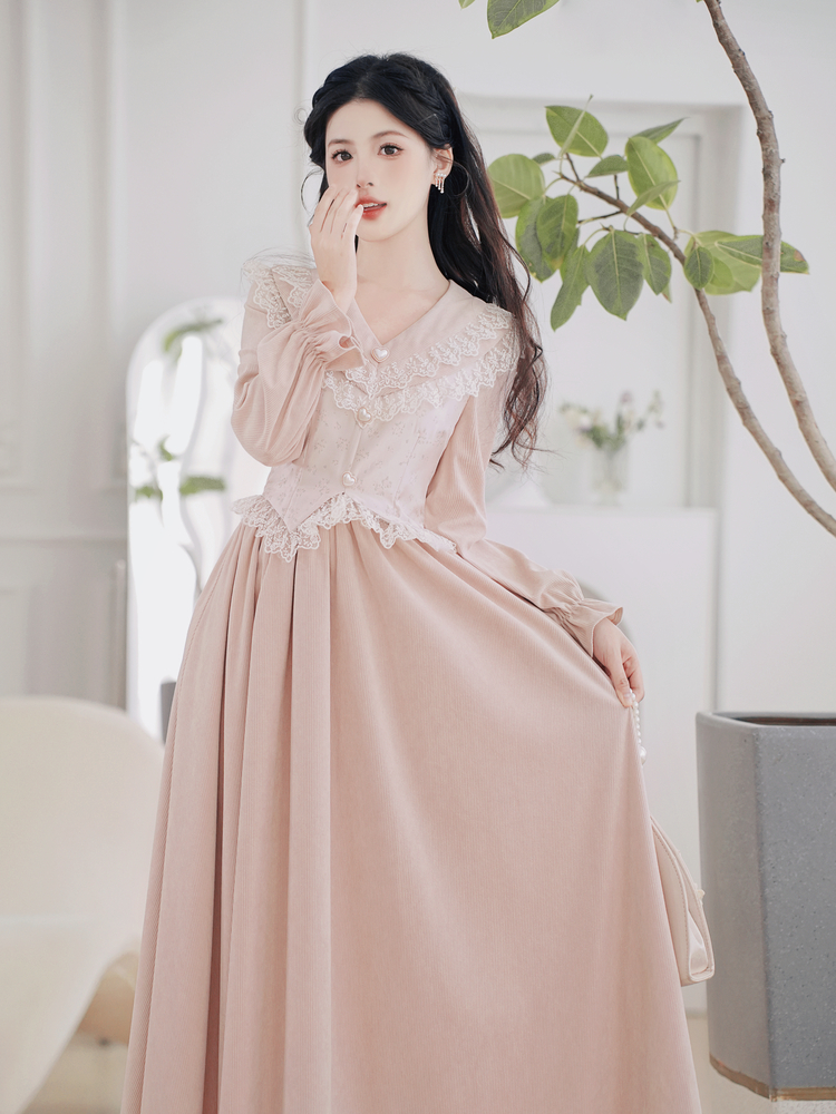 Palace Style Lace Spliced Fake Two-Piece Midi Dress