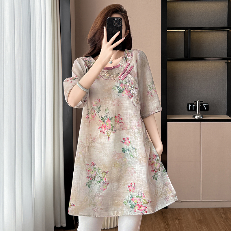 Plus Size Cotton Blend Embroidered Print Loose Slimming Half Sleeve Dress Summer New