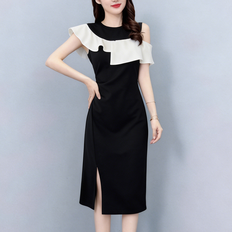 Plus Size Women's Black and White Color Block Faux Two Piece Short Sleeve Dress Summer