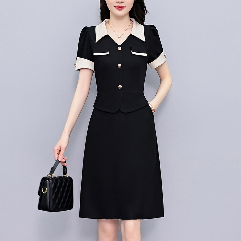 Plus Size Women's Color Block Short Sleeve V-Neck Dress for Business Summer