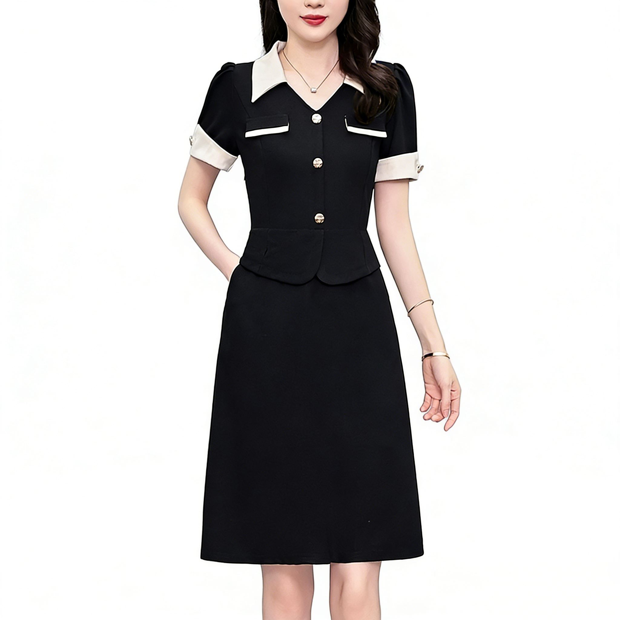Plus Size Women's Color Block Short Sleeve V-Neck Dress for Business Summer - Image 5