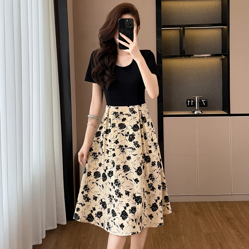 Plus Size Women's Printed Faux Two-Piece Slimming Short Sleeve Dress Summer