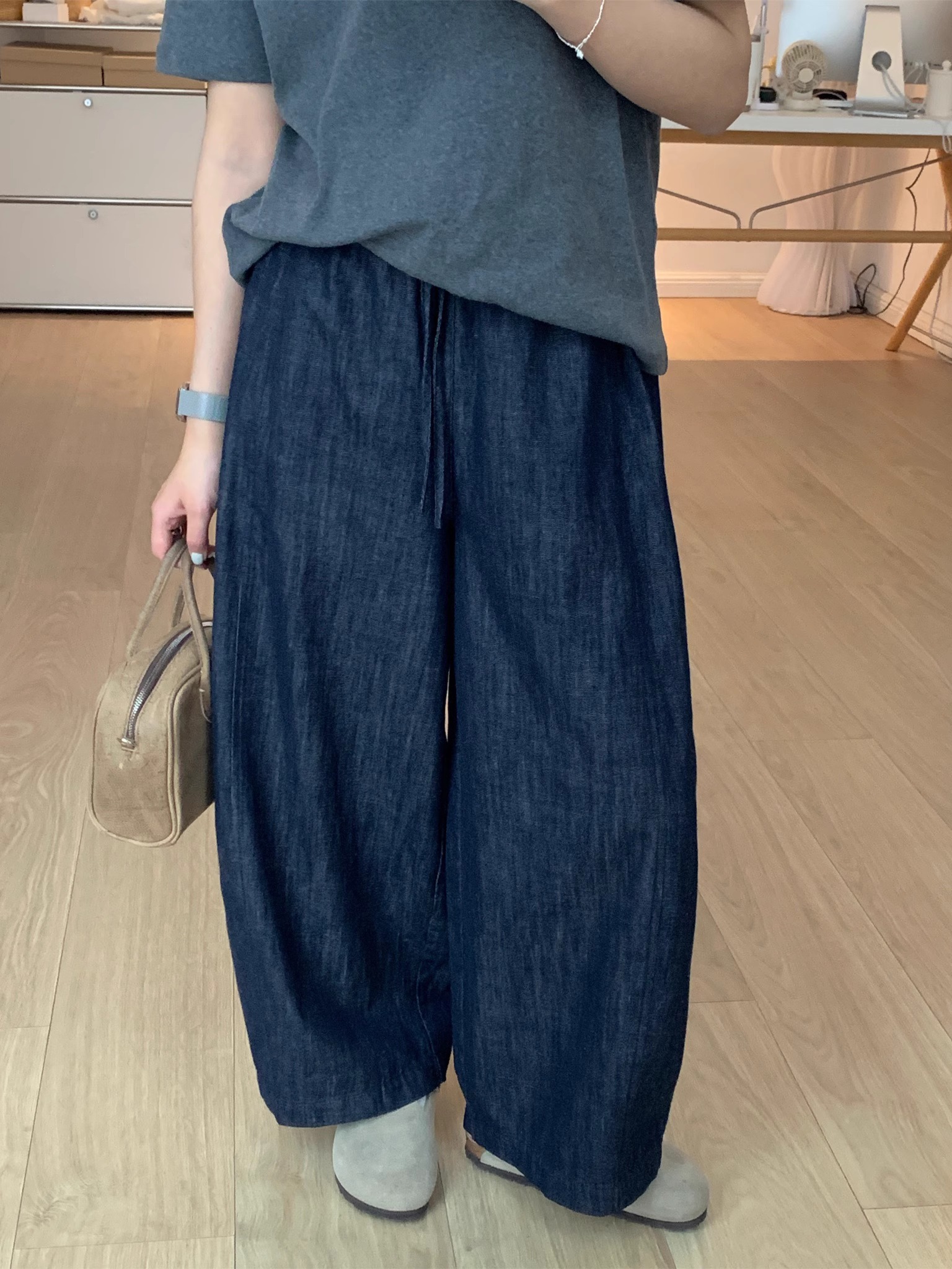 Retro Drawstring Jeans Women 2025 Spring Loose Slimming Straight Wide Leg Casual Pants