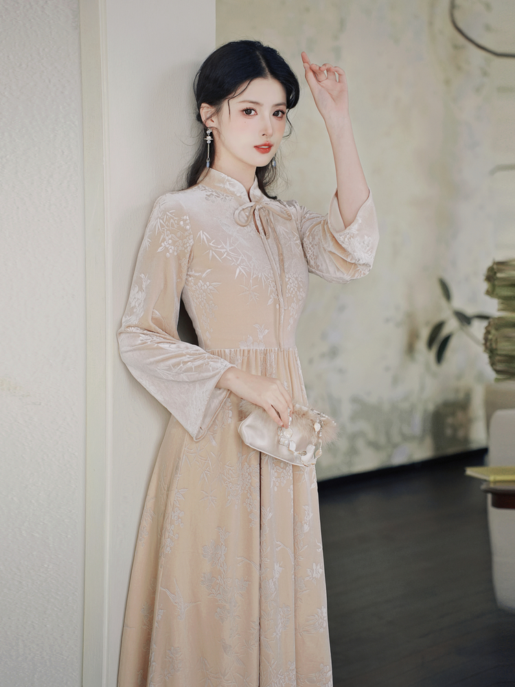 Retro Velvet Textured Modified Qipao Dress - Style 8175a1