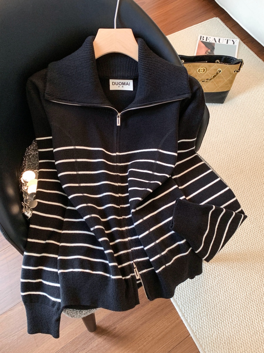 Women Striped Half Zip Polo Neck Knit Sweater Wool Pullover