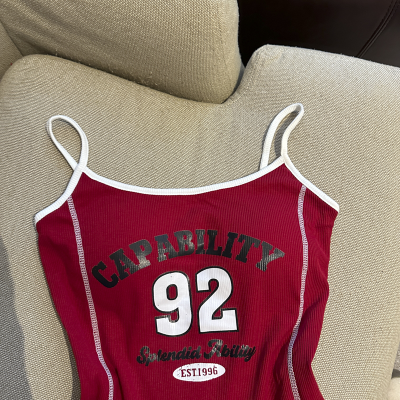 Women's Letter Print Ribbed Cami Tank Top with Chest Pads Slim Fit Outer Wear 2026 Fall - Image 2