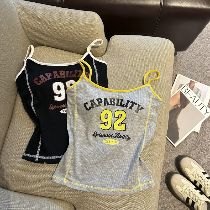 Women's Letter Print Ribbed Cami Tank Top with Chest Pads Slim Fit Outer Wear 2026 Fall - Image 3