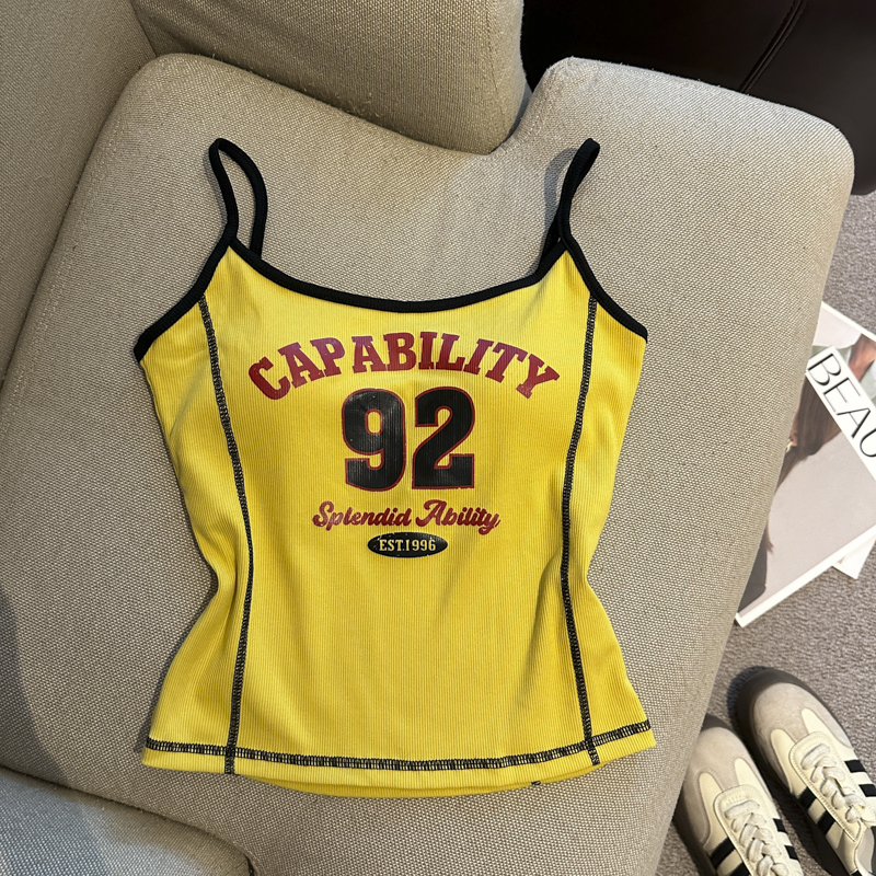 Women's Letter Print Ribbed Cami Tank Top with Chest Pads Slim Fit Outer Wear 2026 Fall - Image 4