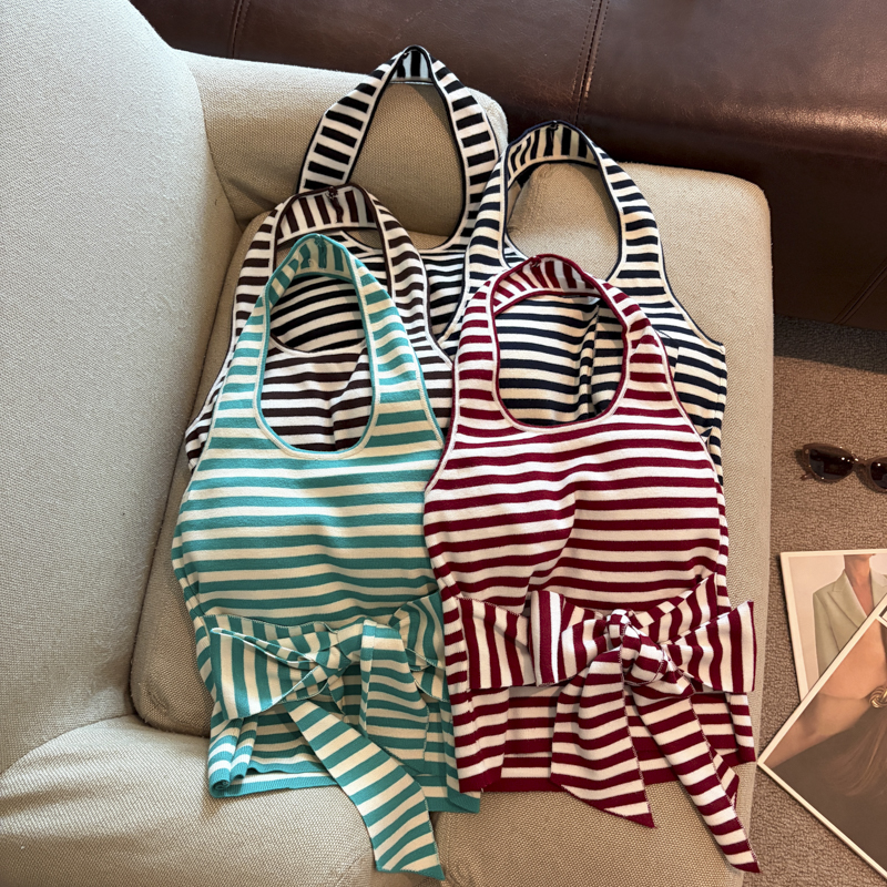 Women's Striped Halter Camisole with Padded Bust and Waist Tie 2026 Fall Sleeveless Woven Top