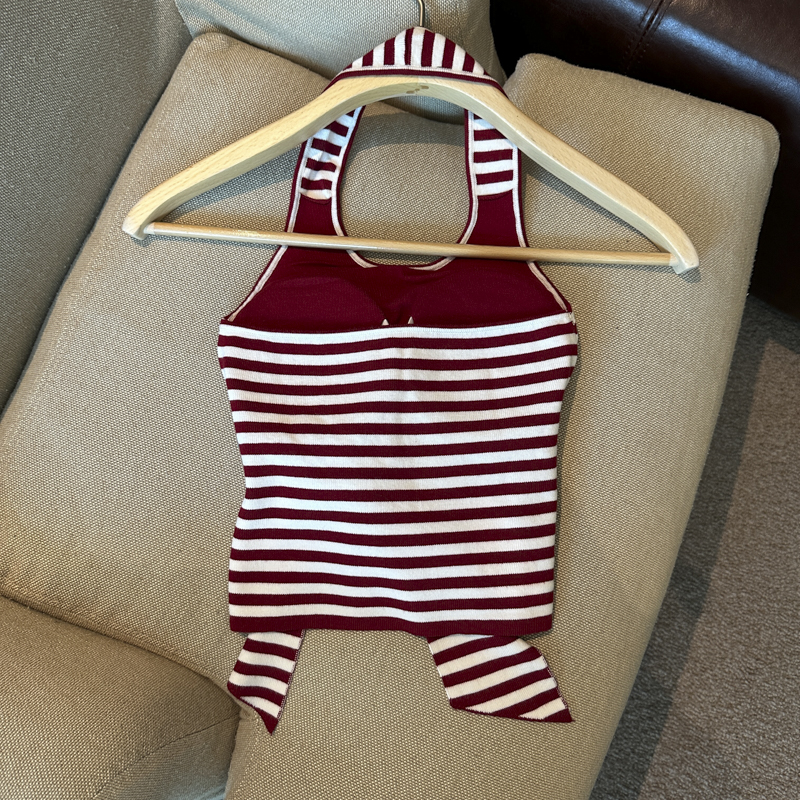 Women's Striped Halter Camisole with Padded Bust and Waist Tie 2026 Fall Sleeveless Woven Top - Image 3