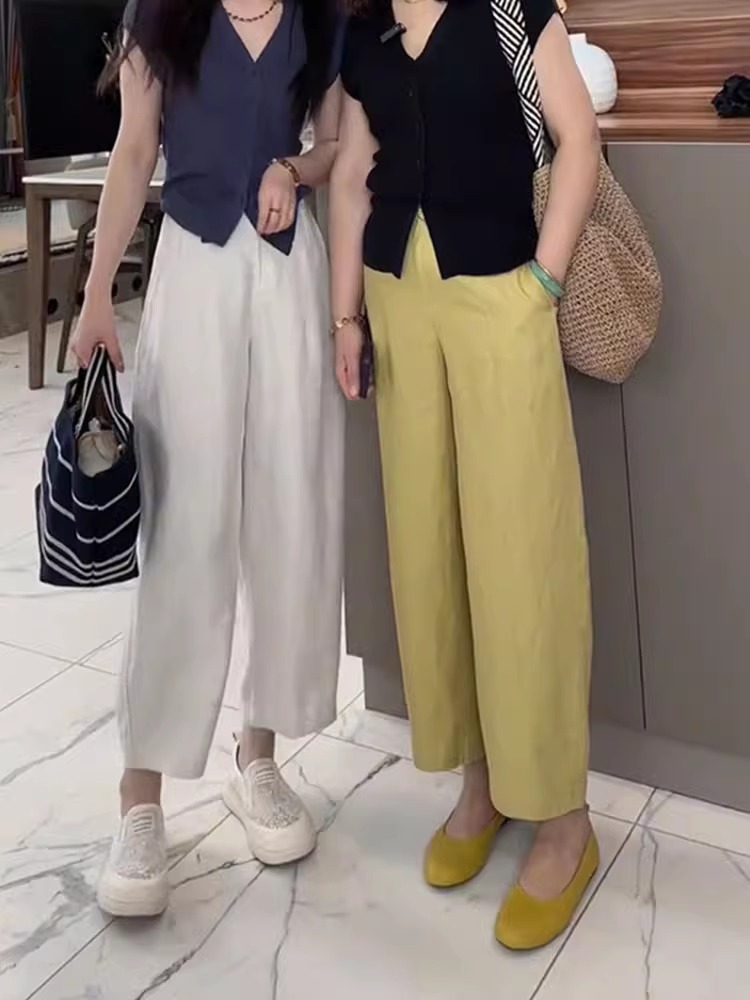 Women's Tencel Linen Casual Pants Summer New Petite Slimming Cropped Banana Grandma Pants